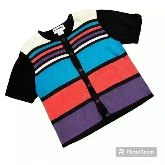 Vintage 80s 90s Colorblock Short Sleeve Sweater Cardigan Shoulder Pad Size Small - Picture 1 of 9